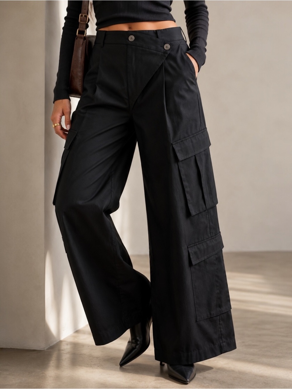 The Drop KarenBritChick Black Cargo Pants Asymmetrical Wide Leg M Utility - Picture 1 of 14